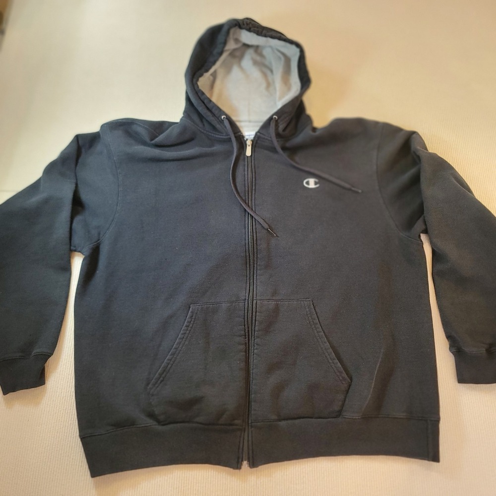 Champion Mens Hoodie 2XL Full Zip Black Eco Authentic Fleece Sweatshirt Logo